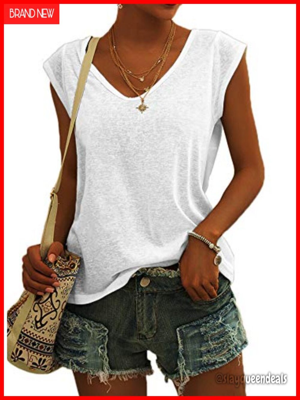 Womens Cap Sleeve V-Neck T-Shirt Loose Fit Casual Summer Tank Top